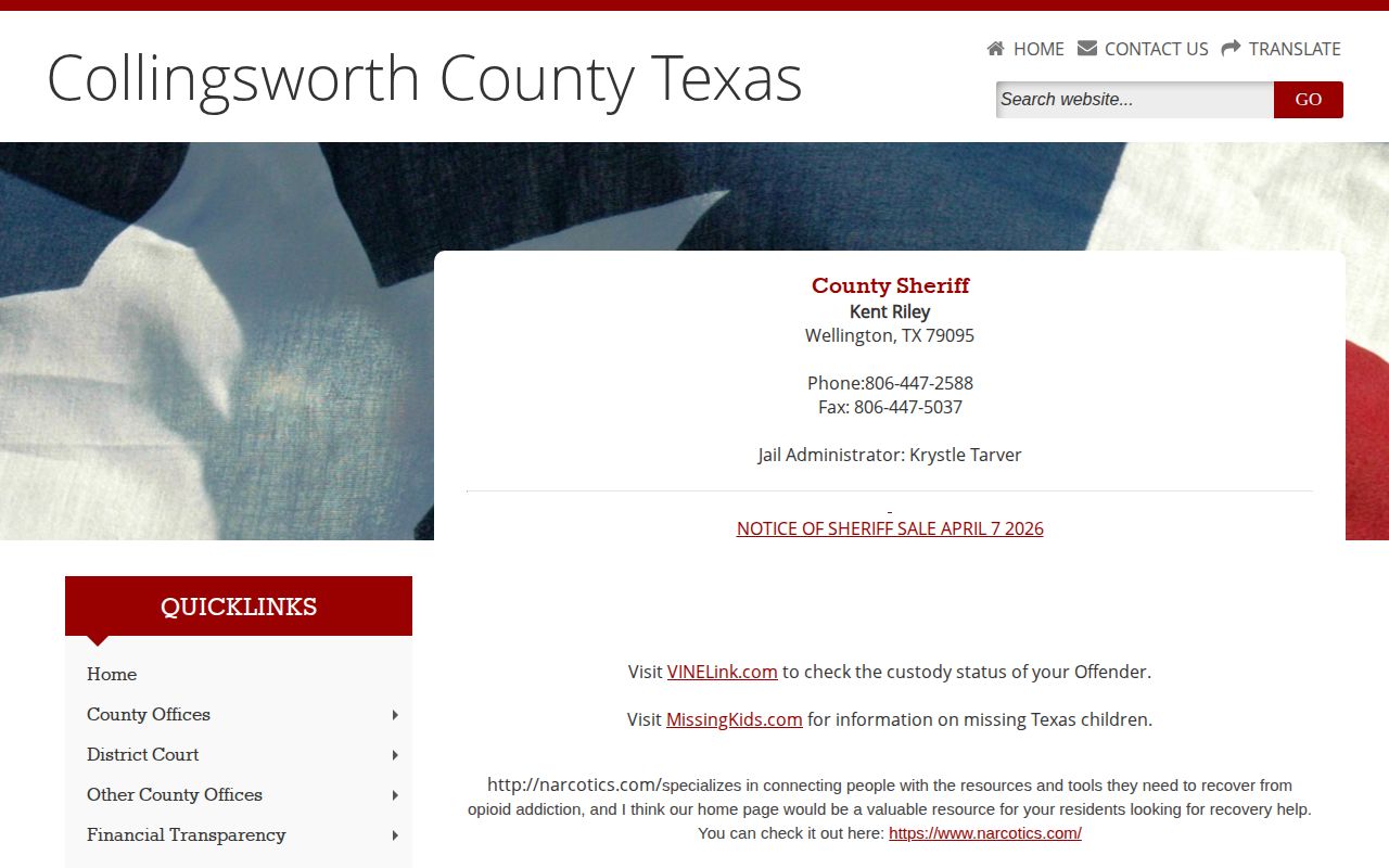 Collingsworth County Jail release contact and VINELink referral