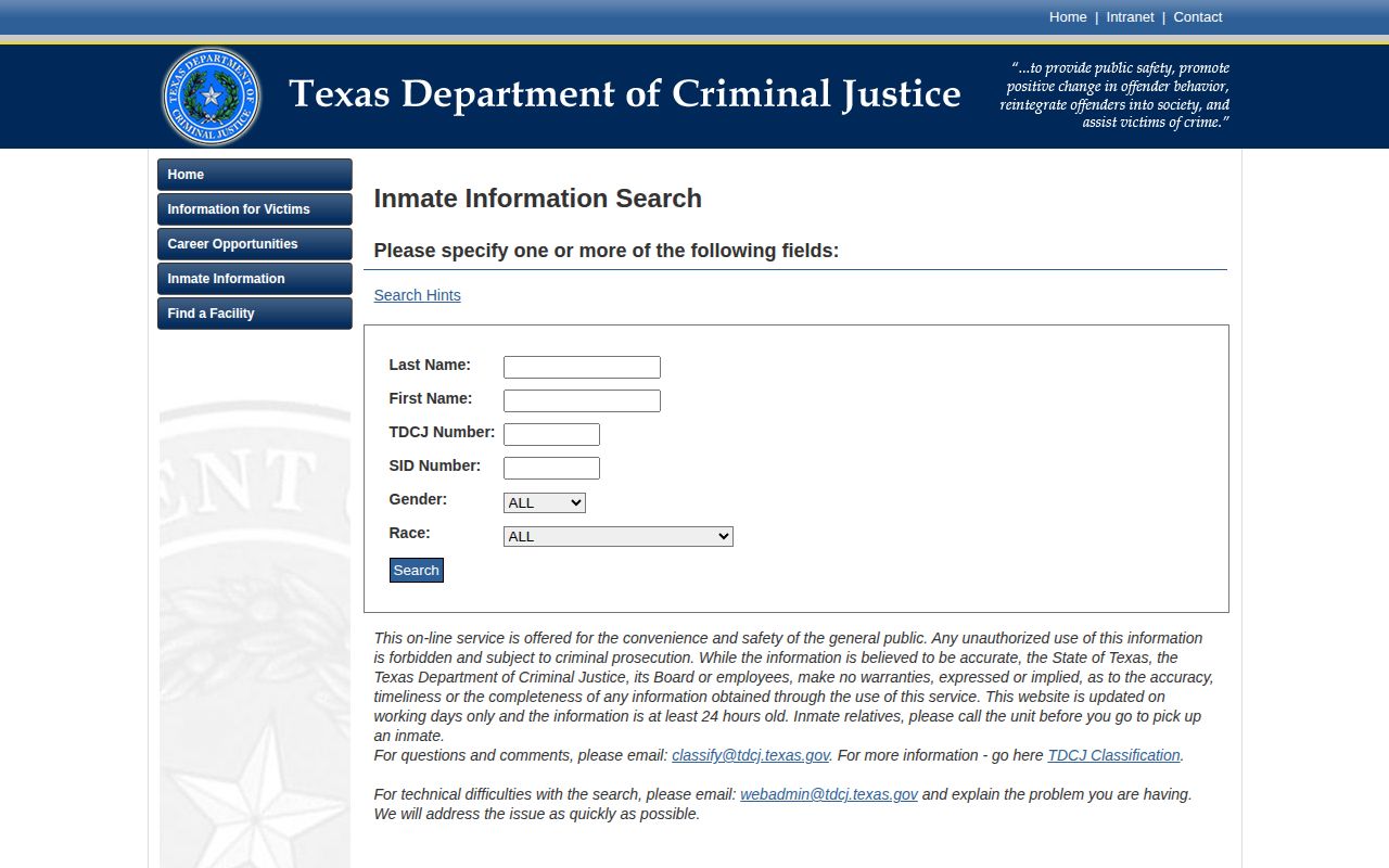 TDCJ search form for Collingsworth County released inmate records