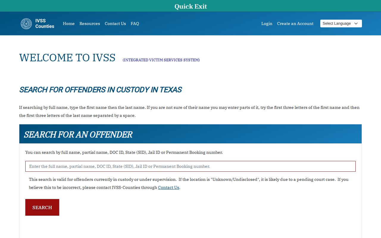 Texas IVSS-Counties custody search and notification portal entry screen
